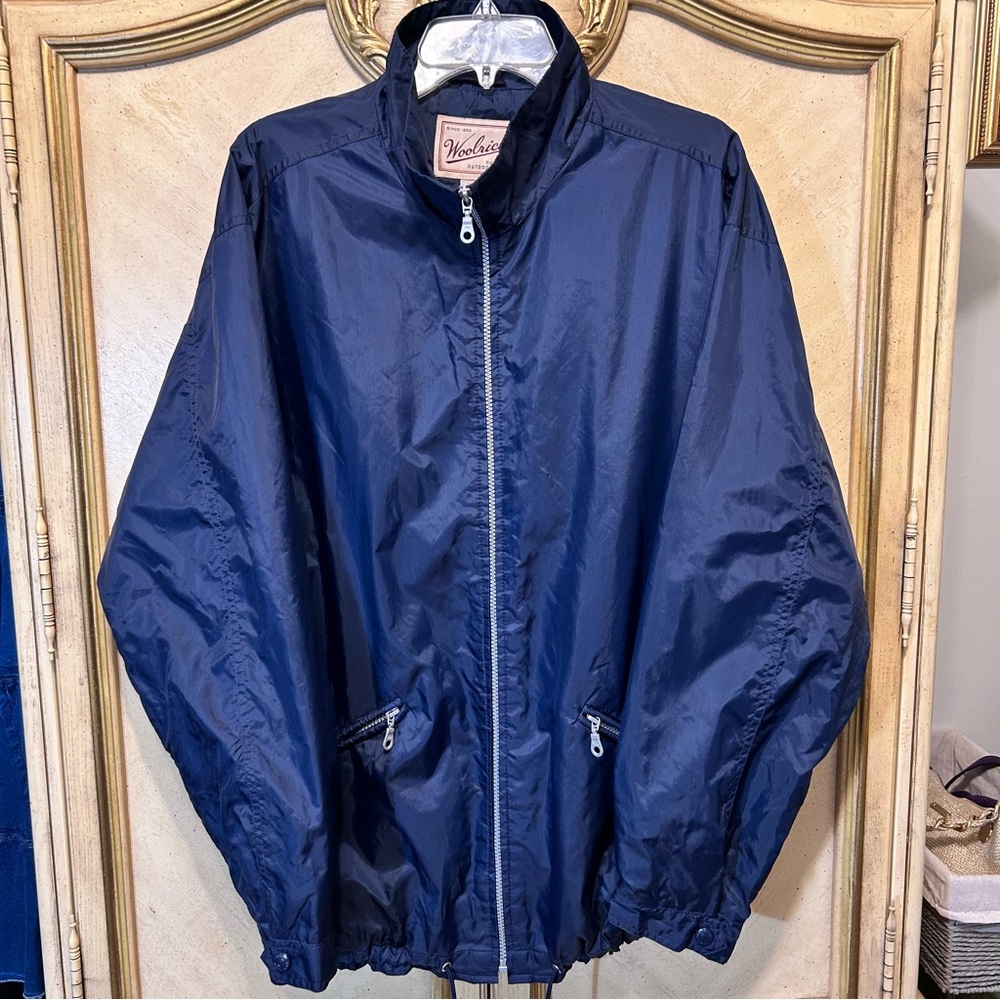 Woolrich Navy Blue Windbreaker Jacket with Stand-Up Collar